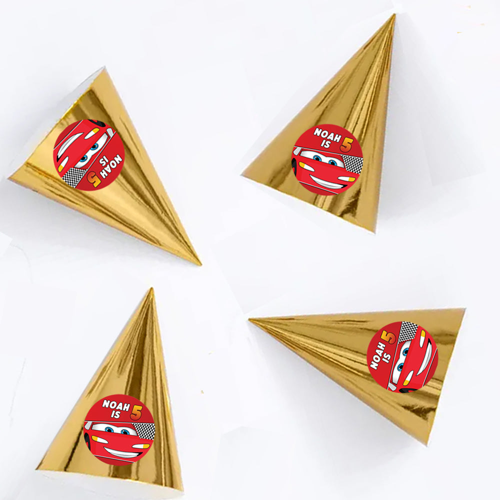 Lightning Cars Personalised Cone Party Hats - Pack of 12
