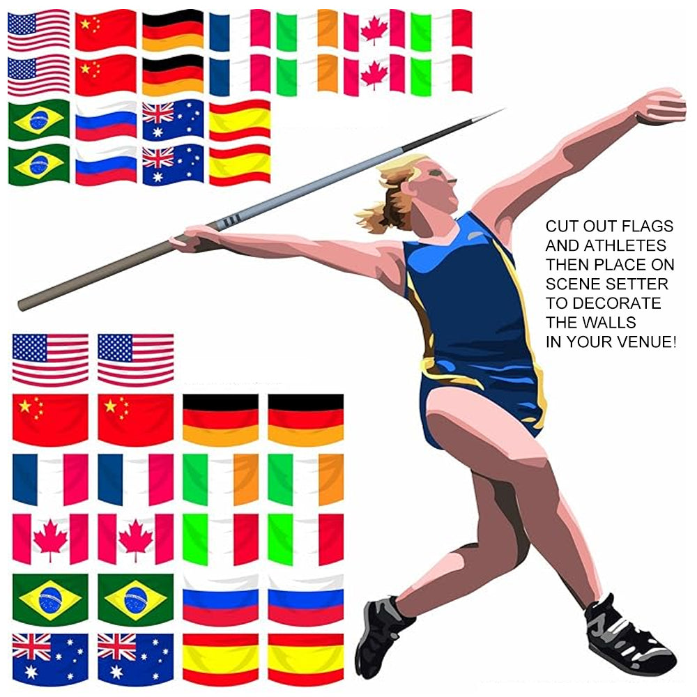 Summer Athletics Wall Decorations - 4 Athlete Cutouts & Over 100 Flags!