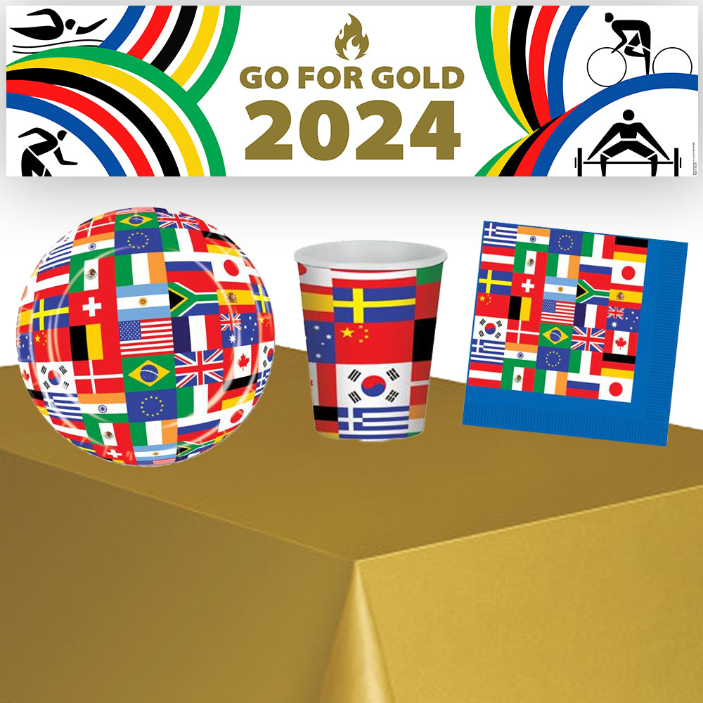 Go for Gold 2024 Summer World Games Party Tableware Pack for 8 With FREE Banner!