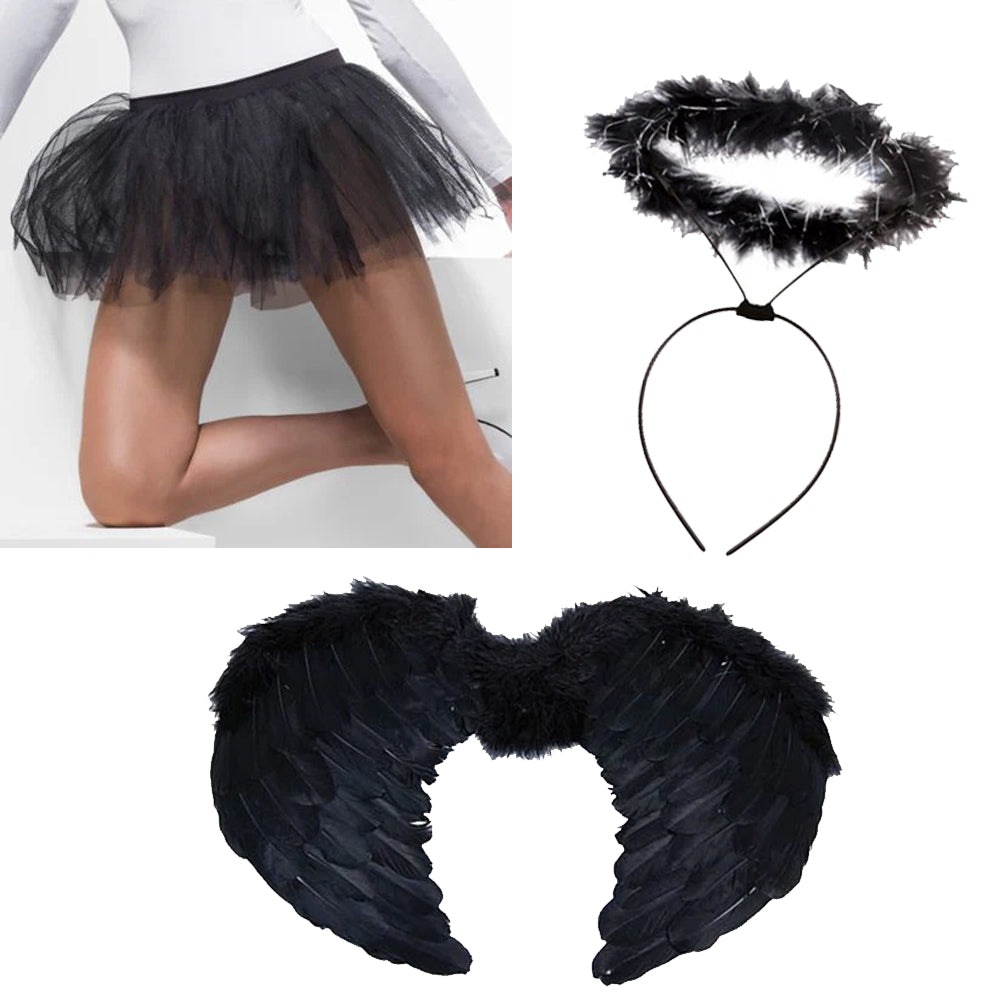 Dark Angel Fancy Dress Kit - Complete Gothic Halloween Costume with Wings &  Halo  Party Packs
