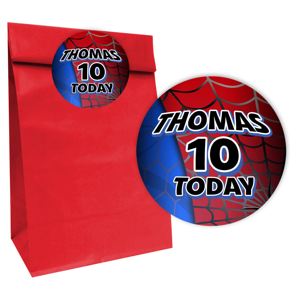 Spider-Hero Paper Party Bags with Personalised Round Stickers - Pack of 12