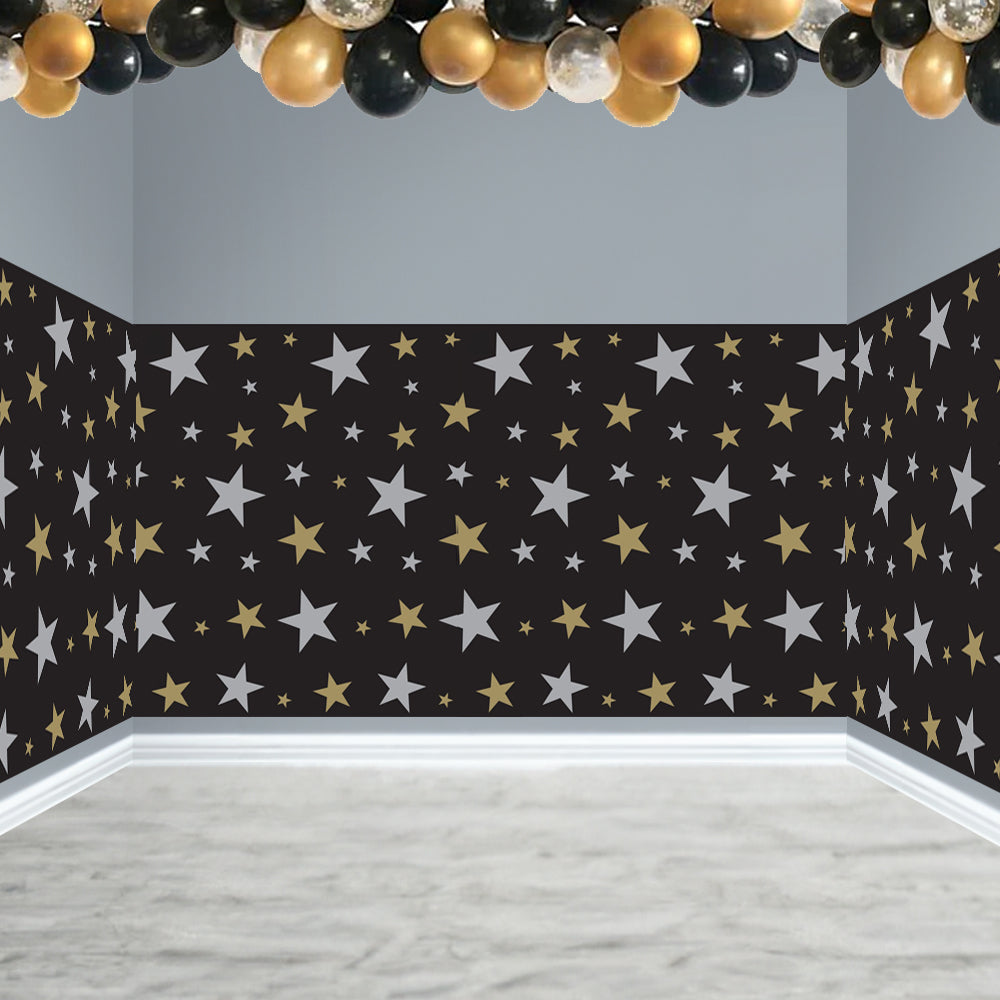 Black, Silver and Gold Star Backdrop Decoration - 9.14m