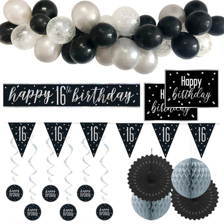 16th Birthday Black & Silver Glitz Decoration Pack