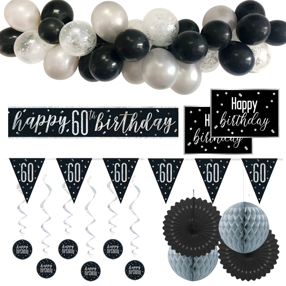 60th Birthday Black & Silver Glitz Decoration Pack
