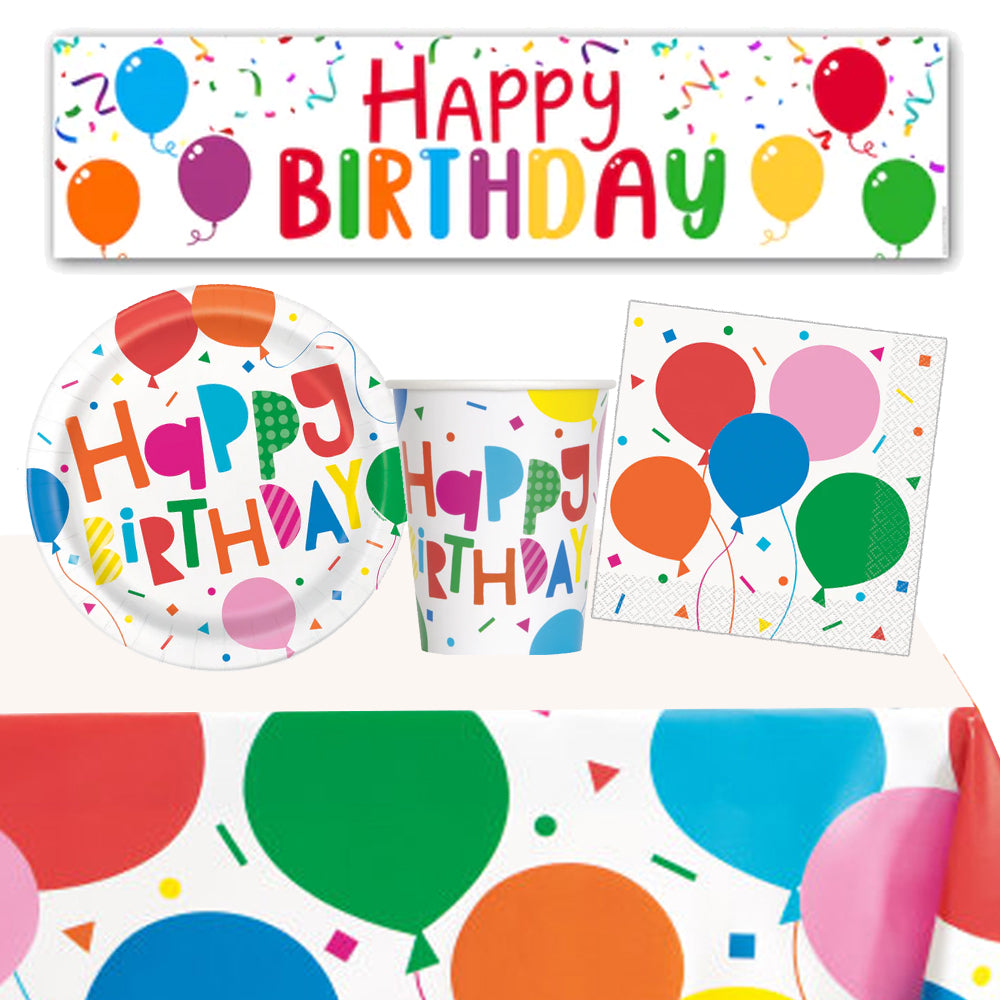 Colourful Balloons Happy Birthday Tableware Pack For 8 With FREE Banner!