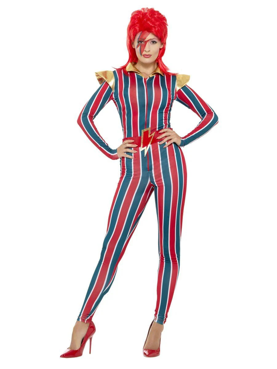 70s Miss Space Superstar Ziggy Costume Adult Jumpsuit Red Blue 70s Miss Space Superstar Ziggy Costume Adult Jumpsuit Red Blue