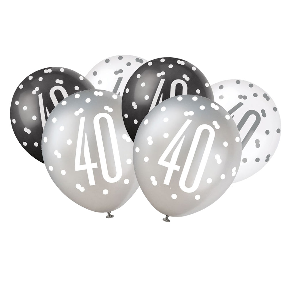 Birthday Glitz Black & Silver 40th Pearlised Latex Balloons - Pack of 6