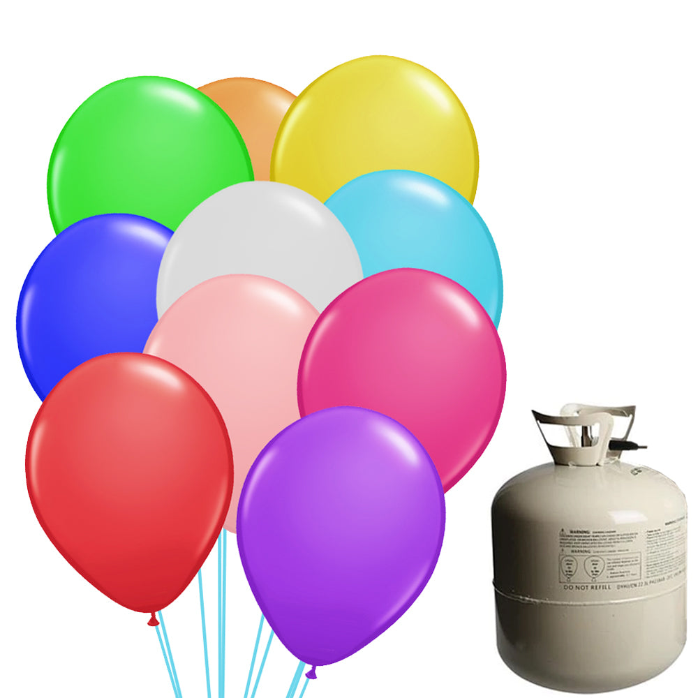 Assorted Colour 12" Latex Balloons & Helium Canister Kit - 20 Balloons