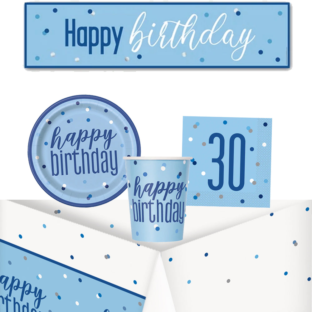 30th Birthday Blue Glitz Tableware Pack for 8 with FREE Banner!