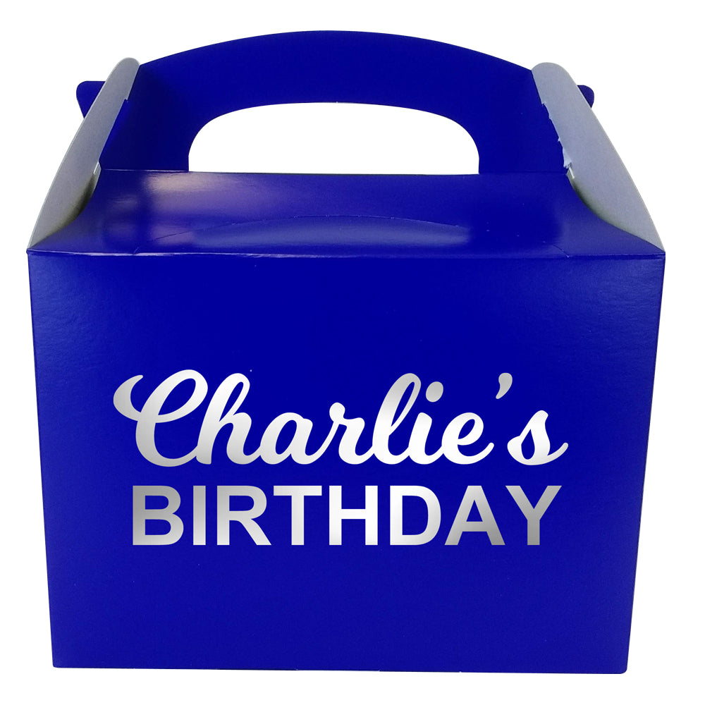 Personalised Party Boxes Blue with Silver Text 2 Lines Pack of 4