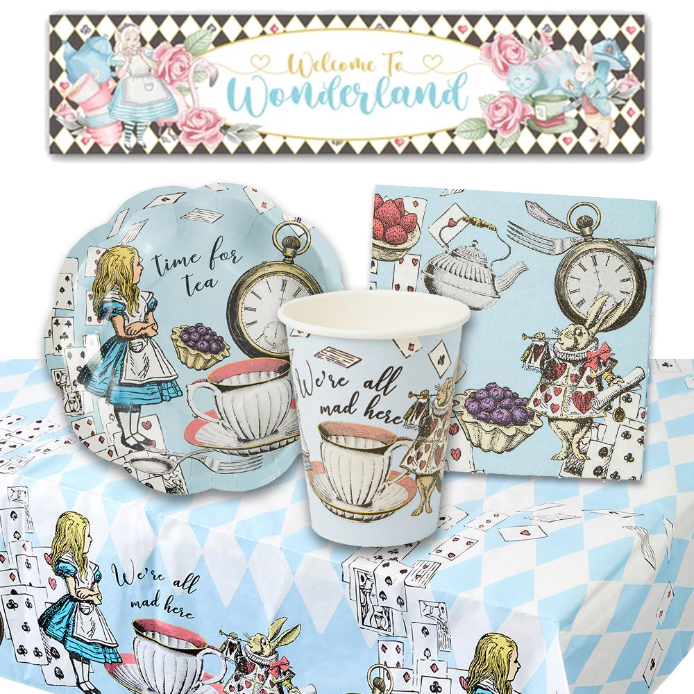 Blue Alice in Wonderland Tableware Party Pack With FREE Banner - For 8 People