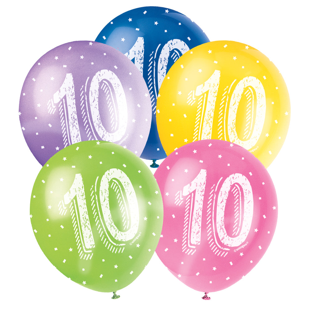 10th Birthday Latex Balloons - Assorted - 11" - Pack of 5