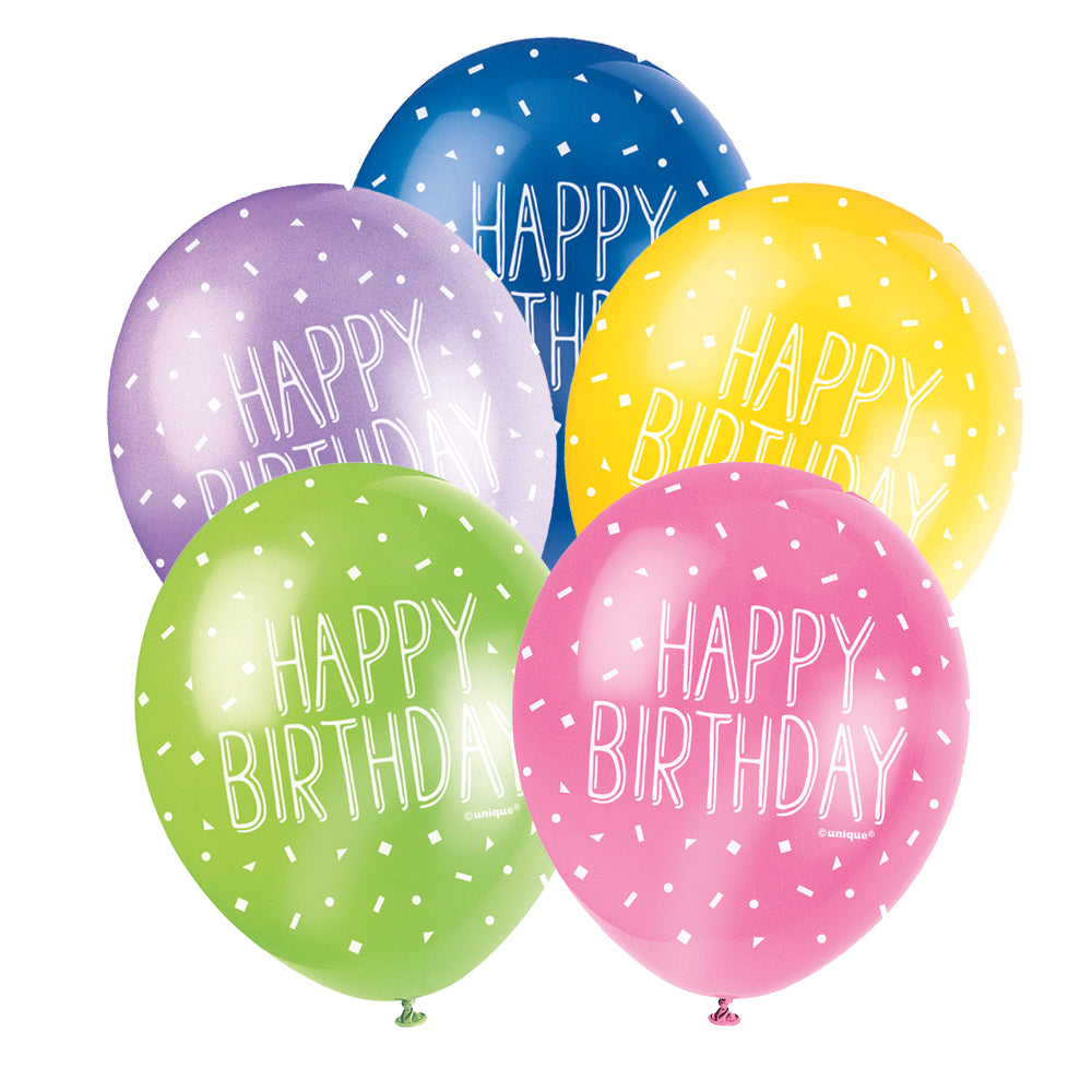 Happy Birthday Latex Balloons - Assorted Colours - 12" - Pack of 5