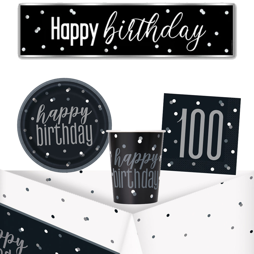100th Birthday Black and Silver Glitz Tableware Pack for 8 with FREE Banner!