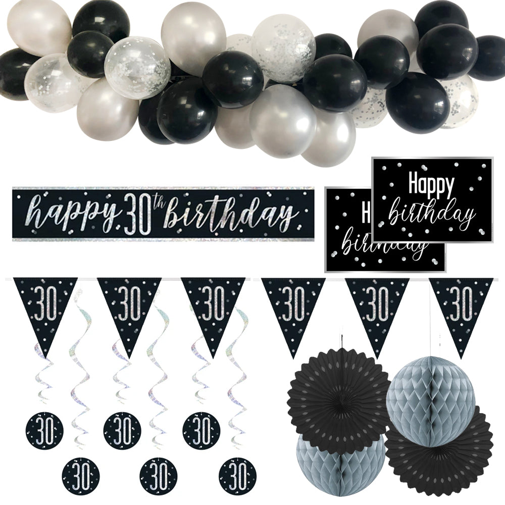 30th Birthday Black & Silver Glitz Decoration Pack