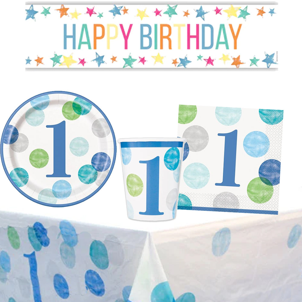 1st Birthday Blue Dots Tableware Party Pack for 8 People