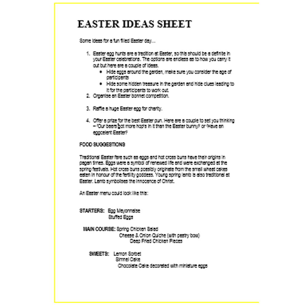Easter ideas and recipe sheet