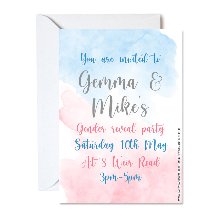 Gender Reveal Pink and Blue Personalised Invitations - Pack of 16