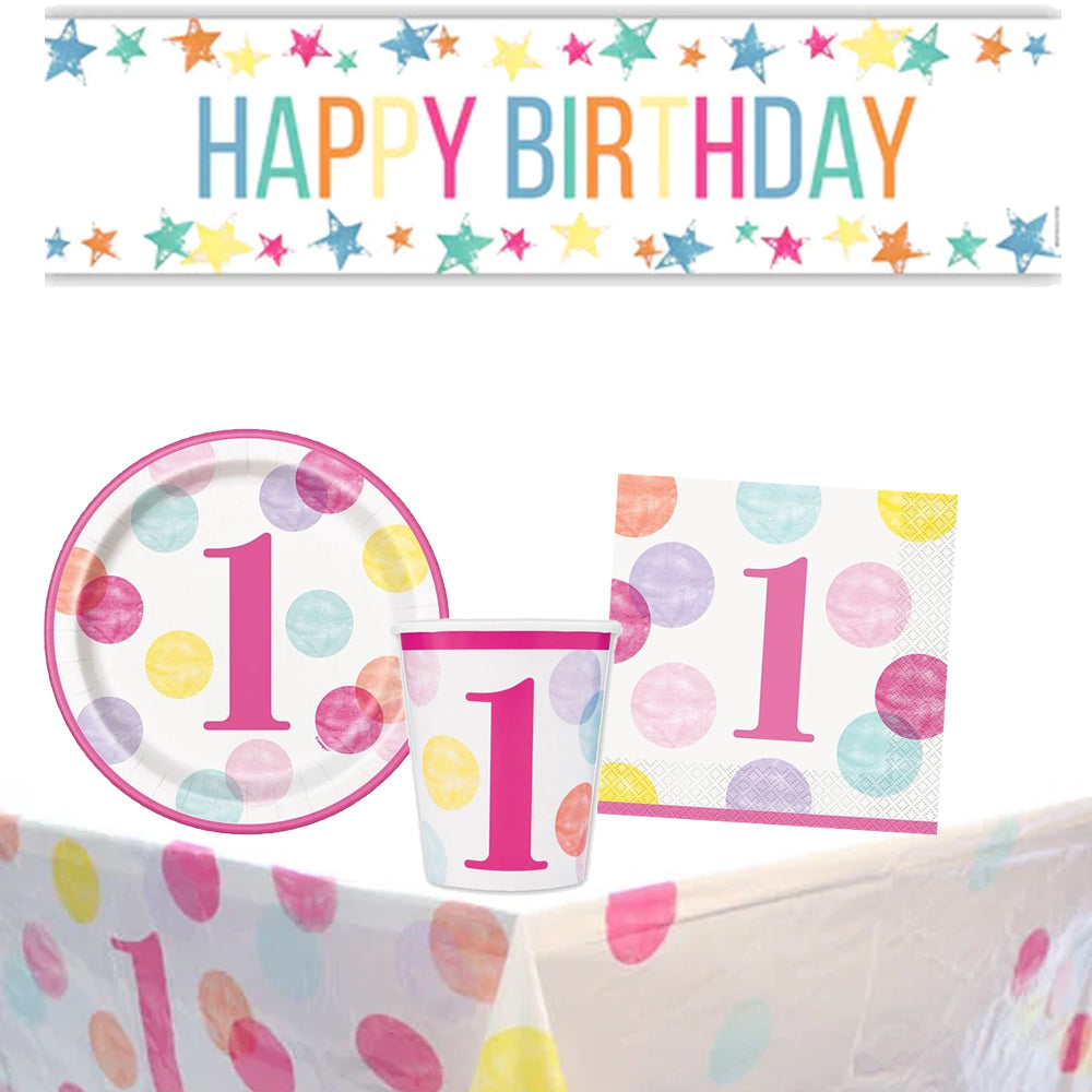 1st Birthday Pink Dots Tableware Party Pack for 8 People with FREE Banner!