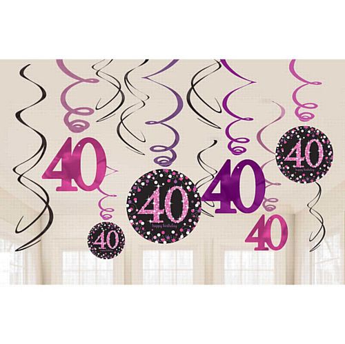 Pink Celebration 40th Hanging Swirl Decorations - 45.7cm - Pack of 12