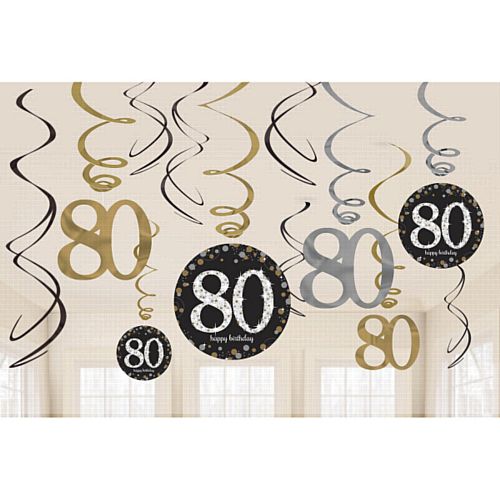 Gold Celebration 80th Hanging Swirl Decorations - 45.7cm - Pack of 12