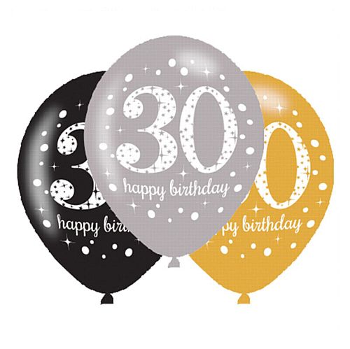 Gold Celebration 30th Birthday Latex Balloons - 11" - Pack of 6
