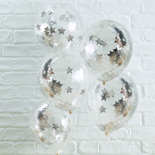 Silver Star Shaped Confetti Filled Balloons 12" - Pack Of 5