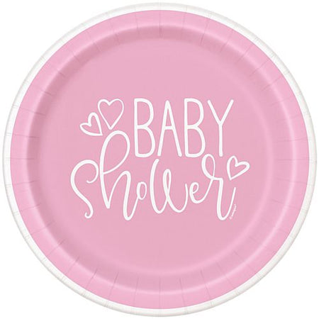 Pink Hearts Baby Shower Plates - 23cm - Pack of 8