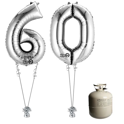 Silver Foil Number '60' Balloon & Helium Canister Decoration Party Pack