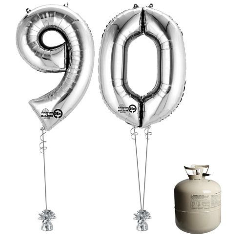 Silver Foil Number '90' Balloon & Helium Canister Decoration Party Pack