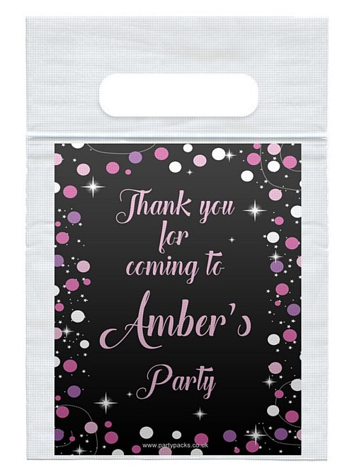 Personalised Birthday Sparkle Pink Card Insert With Sealed Party Bag- Pack of 8