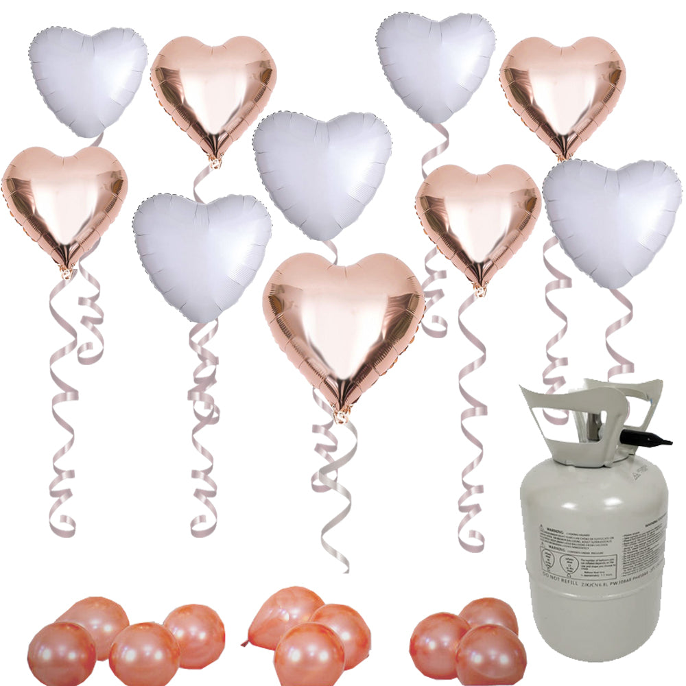 Rose Gold and White Heart Balloon Decoration Kit With Helium Cylinder