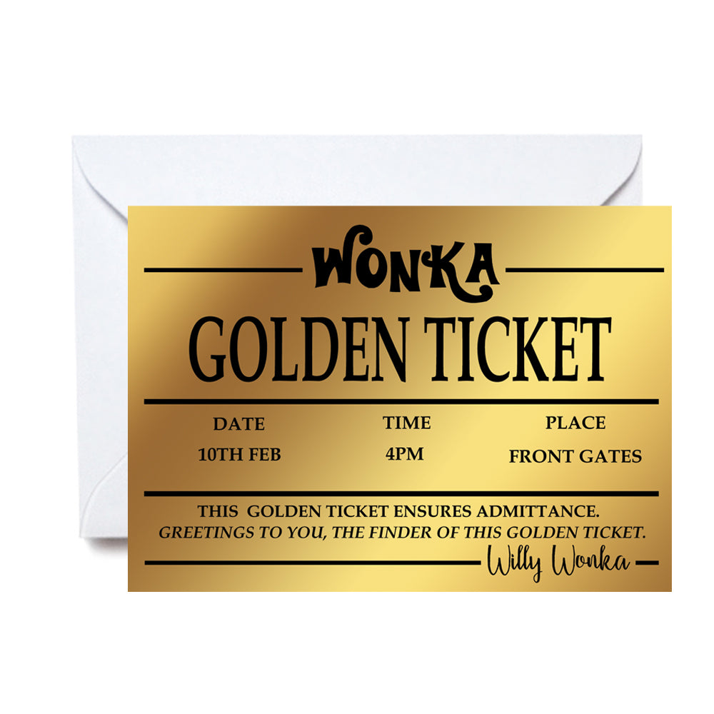 Willy Wonka Golden Ticket Personalised Invites - Pack of 16 – Party Packs