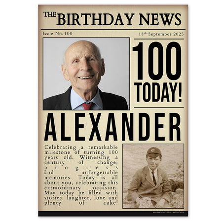 Personalised 100th Birthday Newspaper Poster - A3