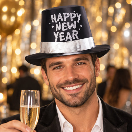 Happy New Year Black Foil Glitter Top Hat