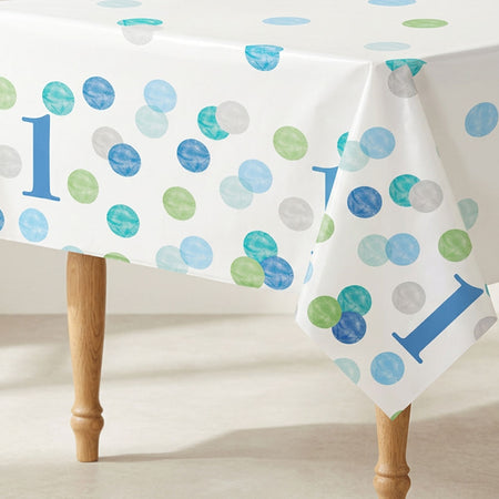 Blue Dots First Birthday Rectangular Plastic Tablecloth - 2.1m