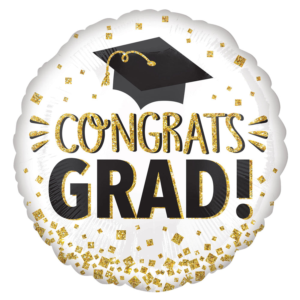 Congrats Grad White and Gold Foil Balloon - 18"