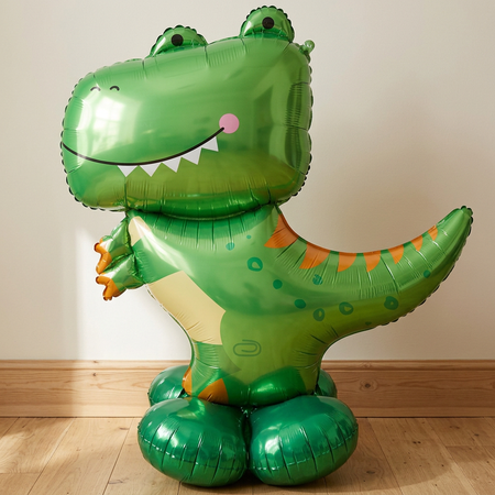 45-inch T-rex balloon standing on a wood floor against a neutral wall with soft light and shade, close up in square format