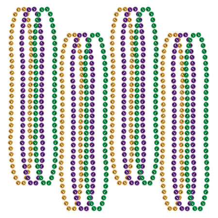 Gold, Green & Purple Mardi Gras Party Bead Necklaces - Pack of 12
