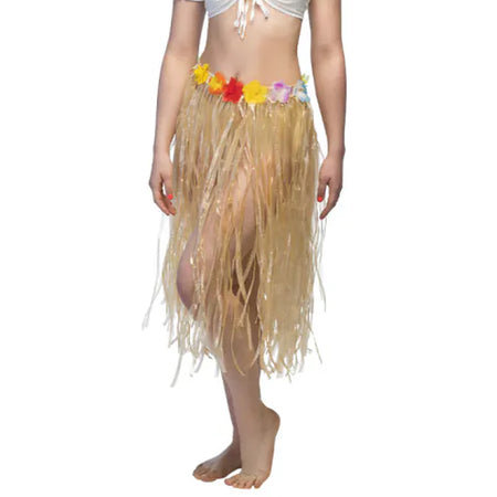 Natural Hula Grass Skirt with Flower Waistband
