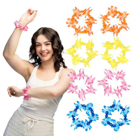 Hawaiian Flower Wristbands Bracelets - 4 Assorted Colours - Set of 2