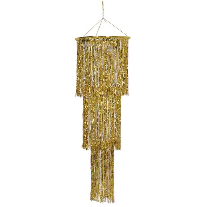 Gold 3-Tier Fringe Foil Chandelier Decoration - 1.3m