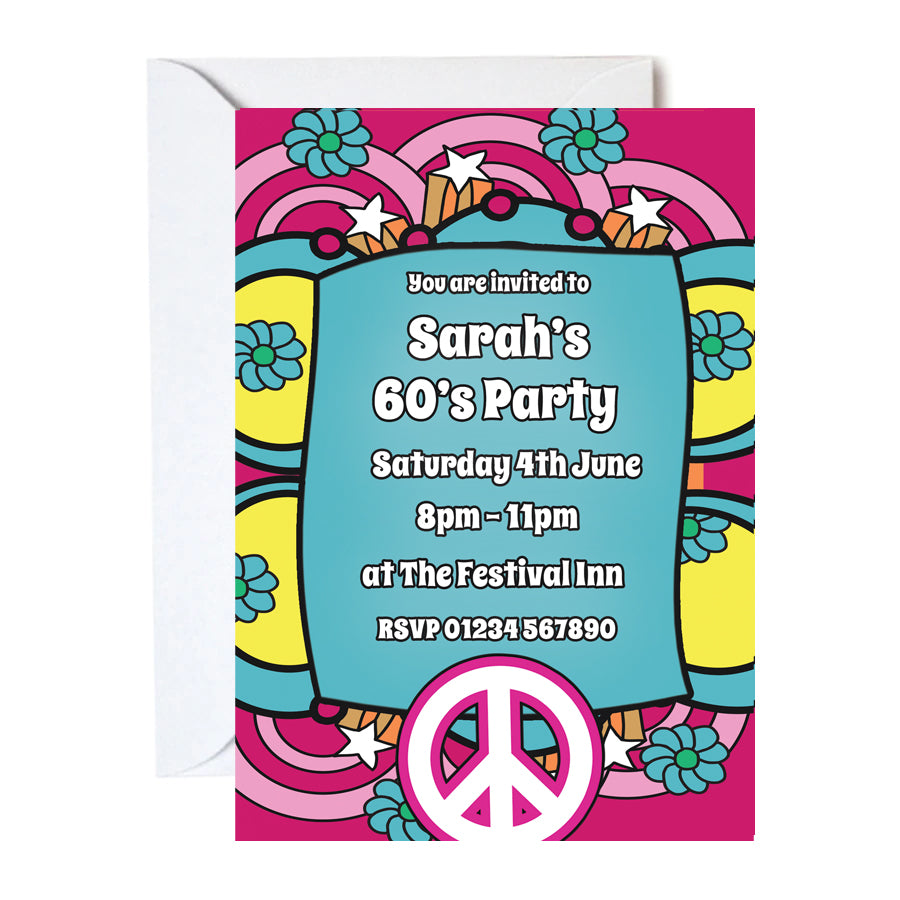 60's Hippie Personalised Invitations - Pack of 16