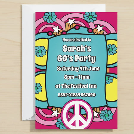 60's Hippie Personalised Invitations - Pack of 16