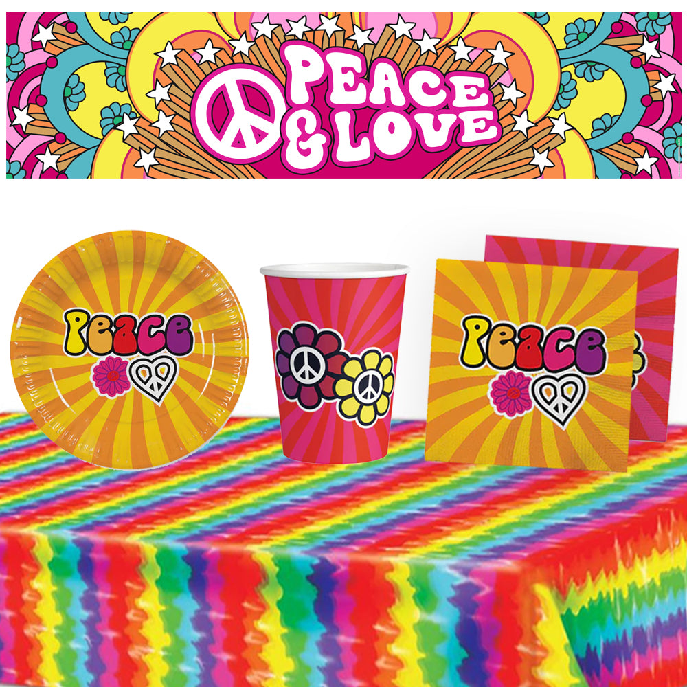 60's Hippie Peace & Love Party Tableware Pack For 8 With FREE Banner!