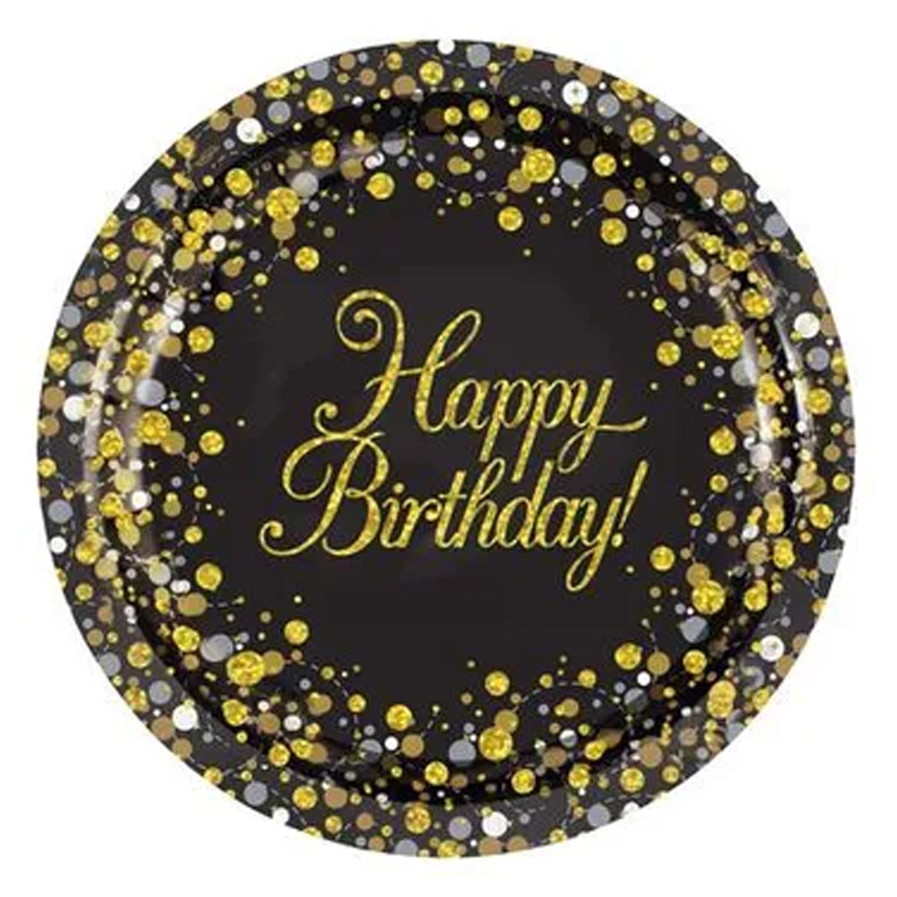 Gold Celebration Happy Birthday Paper Plates - 23cm - Pack of 8