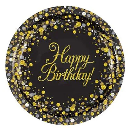 Gold Celebration Happy Birthday Paper Plates - 23cm - Pack of 8