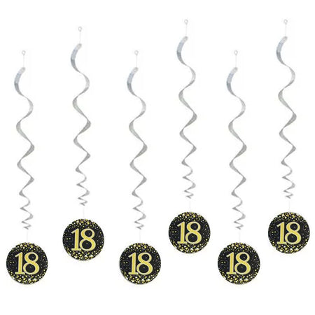Gold Celebration 18th Hanging Swirl Decorations - 45cm - Pack of 6