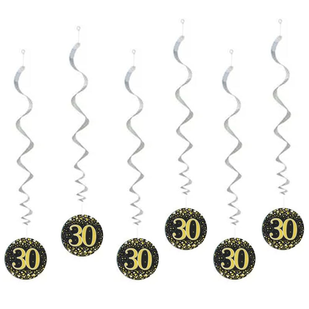 Gold Celebration 30th Hanging Swirl Decorations - 45cm - Pack of 6