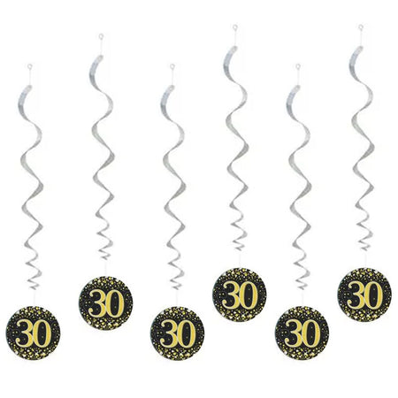 Gold Celebration 30th Hanging Swirl Decorations - 45cm - Pack of 6